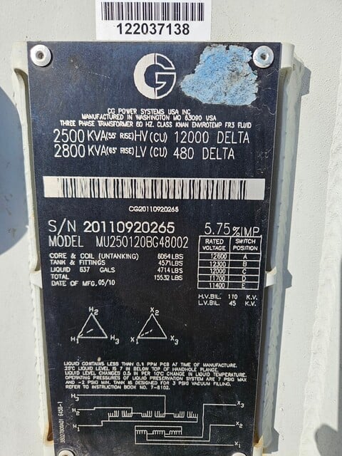 2500/2800 KVA 12000 Delta Primary, 480 Delta Secondary, CG - Image 1