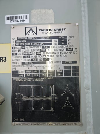 2000/2576 KVA 16500 Delta Primary, 480 Delta Secondary, Pacific Crest - Image 1