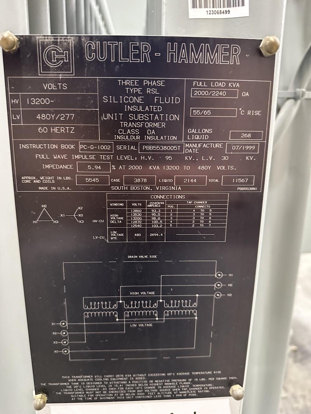 2000/2240 KVA 13200 Delta Primary, 480Y/277 Secondary, Cutler-Hammer - Image 1