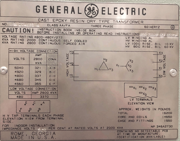 2000/2800 KVA 4800 Delta Primary, 480Y/277 Secondary, General Electric, Dry - Image 1