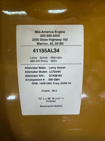 860 KW, Alternators / Genends, 600 Volts, Frame 49.3, 2021 (2 available) - Image 3