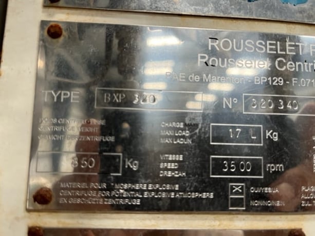 12.5" Rousselet Robatel #BXP-320, basket centrifuge, 17 liter bowl capacity, 3200 rpm, 2015 - Image 7