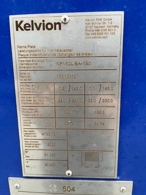 596 sq.ft., Kelvion, NF150LBA150, plate heat exchanger, 316L Stainless Steel plates, 145 psig @ 230°F - Image 3