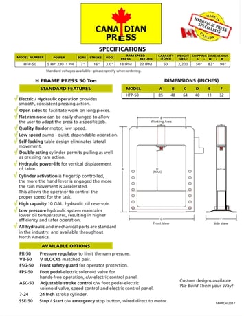 50 Ton, MachineCo (Canadian Press Division) #HFP-50, H-Frame Hydraulic Press, 16" Stroke, 7" Bore, 3" Rod - Image 2