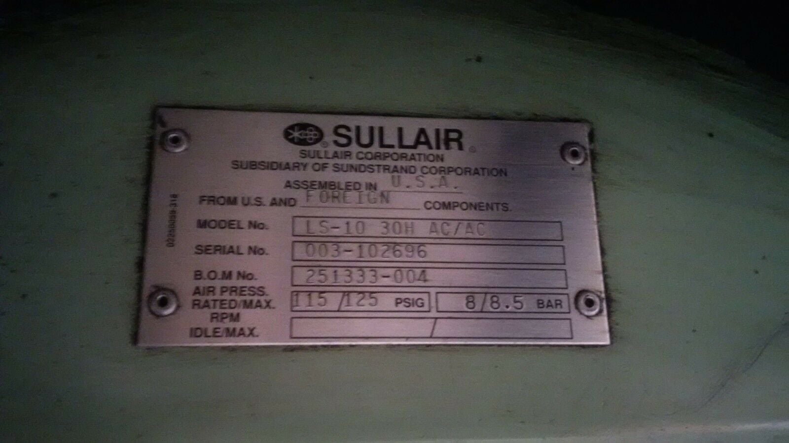 115/125 psi, Sullair #LS10-30H, Screw-Type Air Compressor, 8/8.5 bar, 30 HP, 200/400 V - Image 3