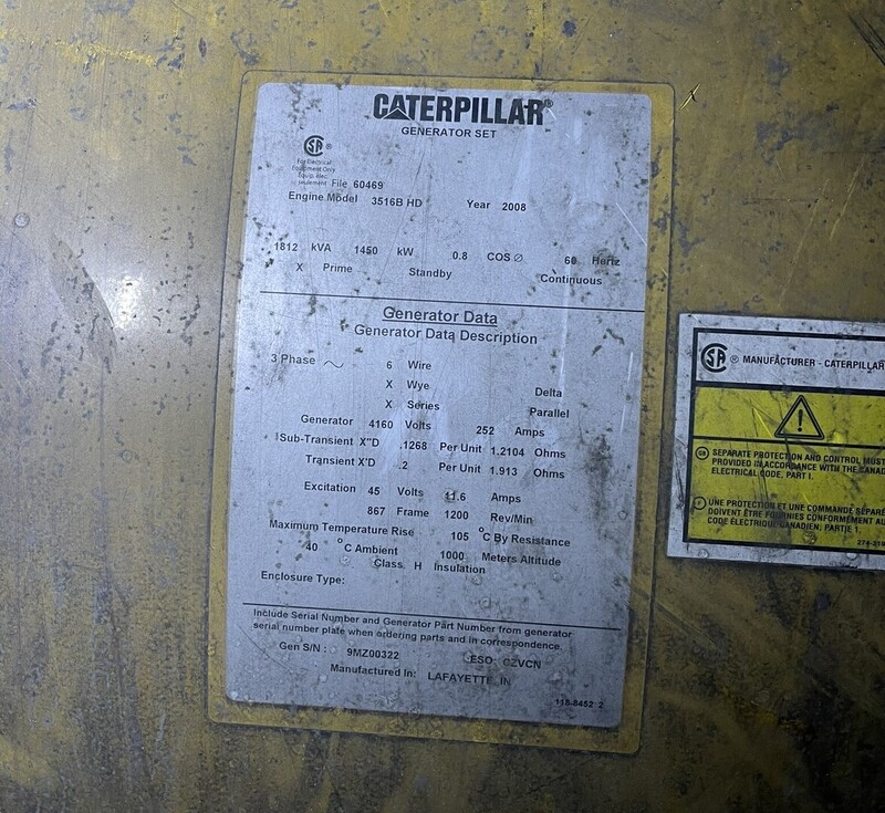 1450 KW Caterpillar #3516BHD, diesel generator, skid mounted, 4160 Volts, 24283 hours, 2008 - Image 2