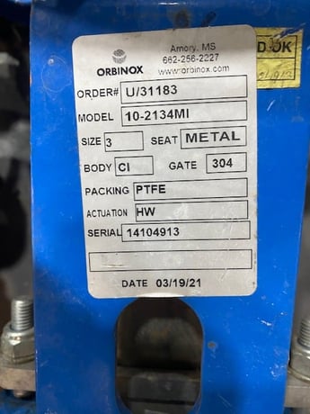3" Orbinox #10-2134MI, slide gate valve, Seat-Metal, Body - CI, Gate - 304 Packing- PTFE, 2021 - Image 2