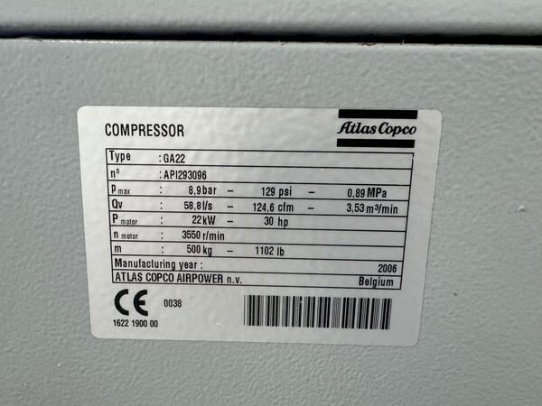 129 psig, Atlas Copco #GA22 FF rotary screw air compressor, 30 HP, 2006 - Image 9