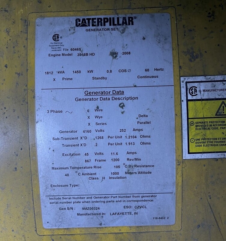 1450 KW Caterpillar #3516BHD, prime power diesel generator, 1812 KVA, 1200 RPM, 4160 Volts, 2008 - Image 2