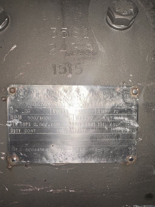 20 HP 500/1800 RPM General Electric, Frame 445E48, shunt, 240 VA - Image 2