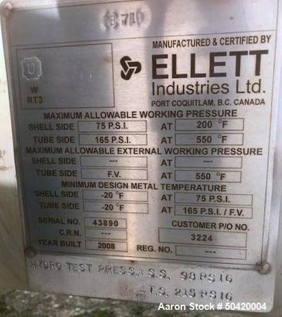 930 sq.ft. Ellett Industries, shell & tube heat exchanger, horizontal, single pass, Zirconium tubes, 2008 - Image 5