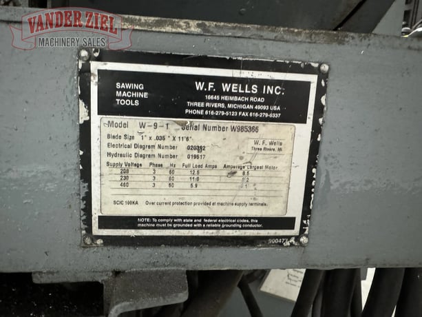 9" x 17" W.F. Wells #W-9, horizontal band saw, 11' 6" x 1" x .035" blade, 70-380 SFPM - Image 7