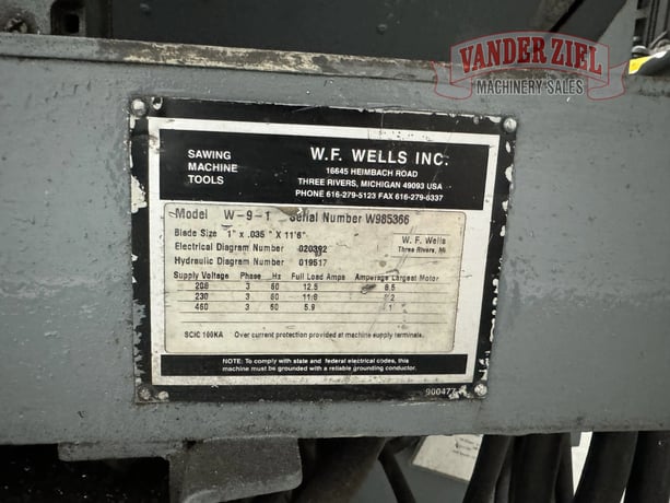 9" x 17" W.F. Wells #W-9, horizontal band saw, 11' 6" x 1" x .035" blade, 70-380 SFPM - Image 8