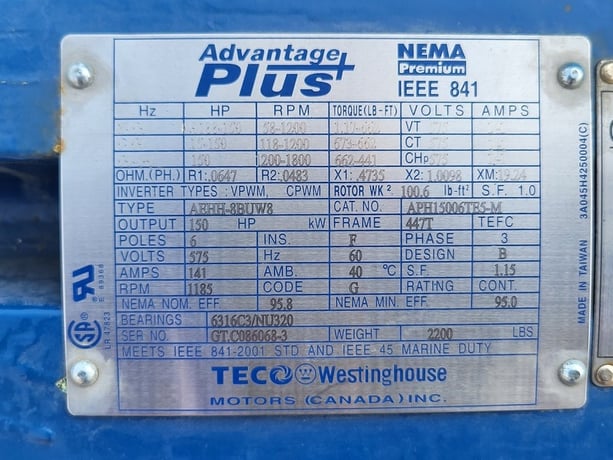 150 HP 1185 RPM Teco Westinghouse, Frame 447T, Marine duty, 575 Volts, new surplus - Image 2