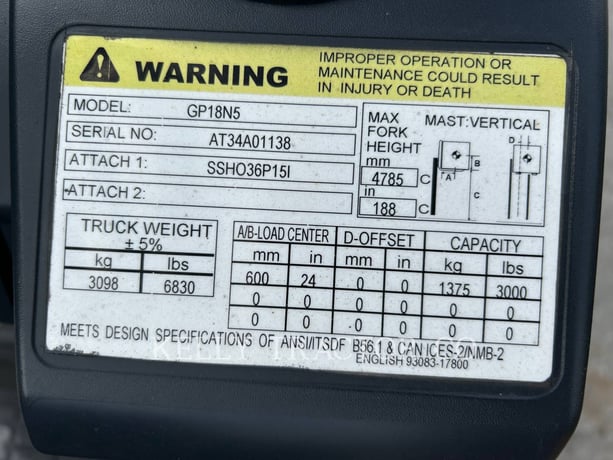 Mcfa GP18N5, Forklift, 5333 hours, S/N: AT34A01138, 2019 - Image 3