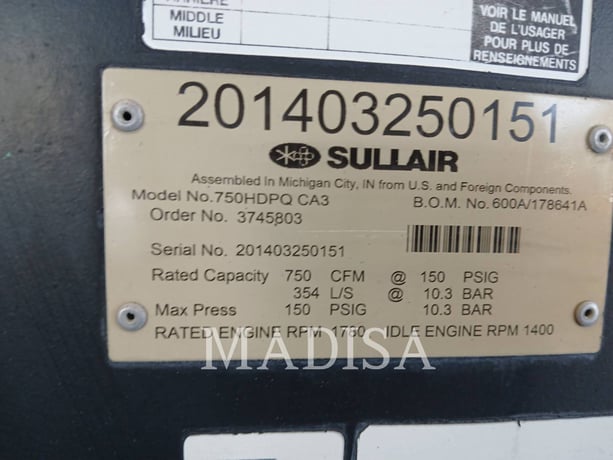 Sullair #750H DPQ, compressed air, 5030 hours, S/N: 201403250151, 2014 - Image 3