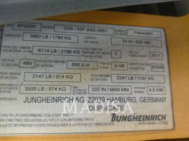 Jungheinrich EFG320-48V, Forklift, 5912 hours, S/N: FN545983, 2017 - Image 5