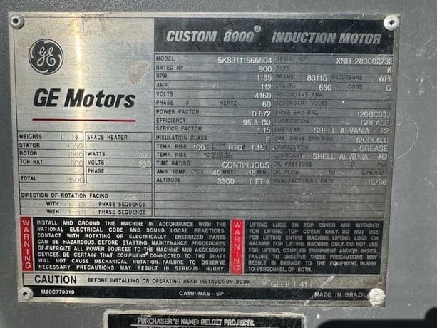 900 HP 1185 RPM General Electric, Frame 8311S, weather protected enclosure type 2, 1.15 service factor, BB - Image 2