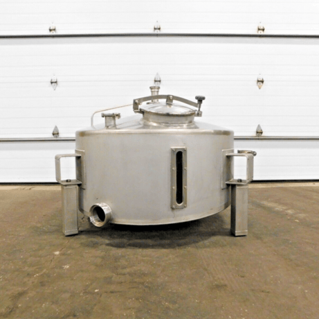 100 gallon SBC balance tank, 304 Stainless Steel, CIP ball, 43" dia., 16"-19" straight wall, sloped bottom - Image 1