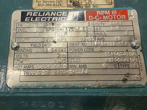 60 HP 1750/2300 RPM Reliance, Frame NC3612ATZ, 500 VA, 300 VF - Image 2