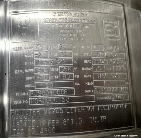 16 gallon Precision, Stainless Steel vertical reactor, 16" upper diameter, 8" lower diameter x 18" straight - Image 10