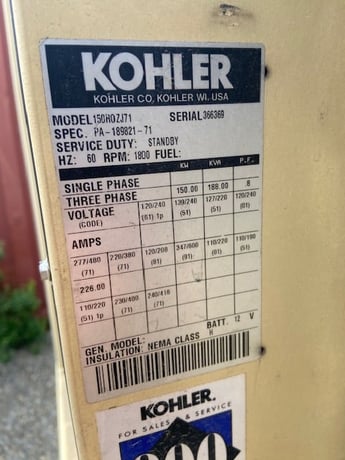 120 KW Kohler, 150 KVA diesel generator, enclosure, bottom tank - Image 10