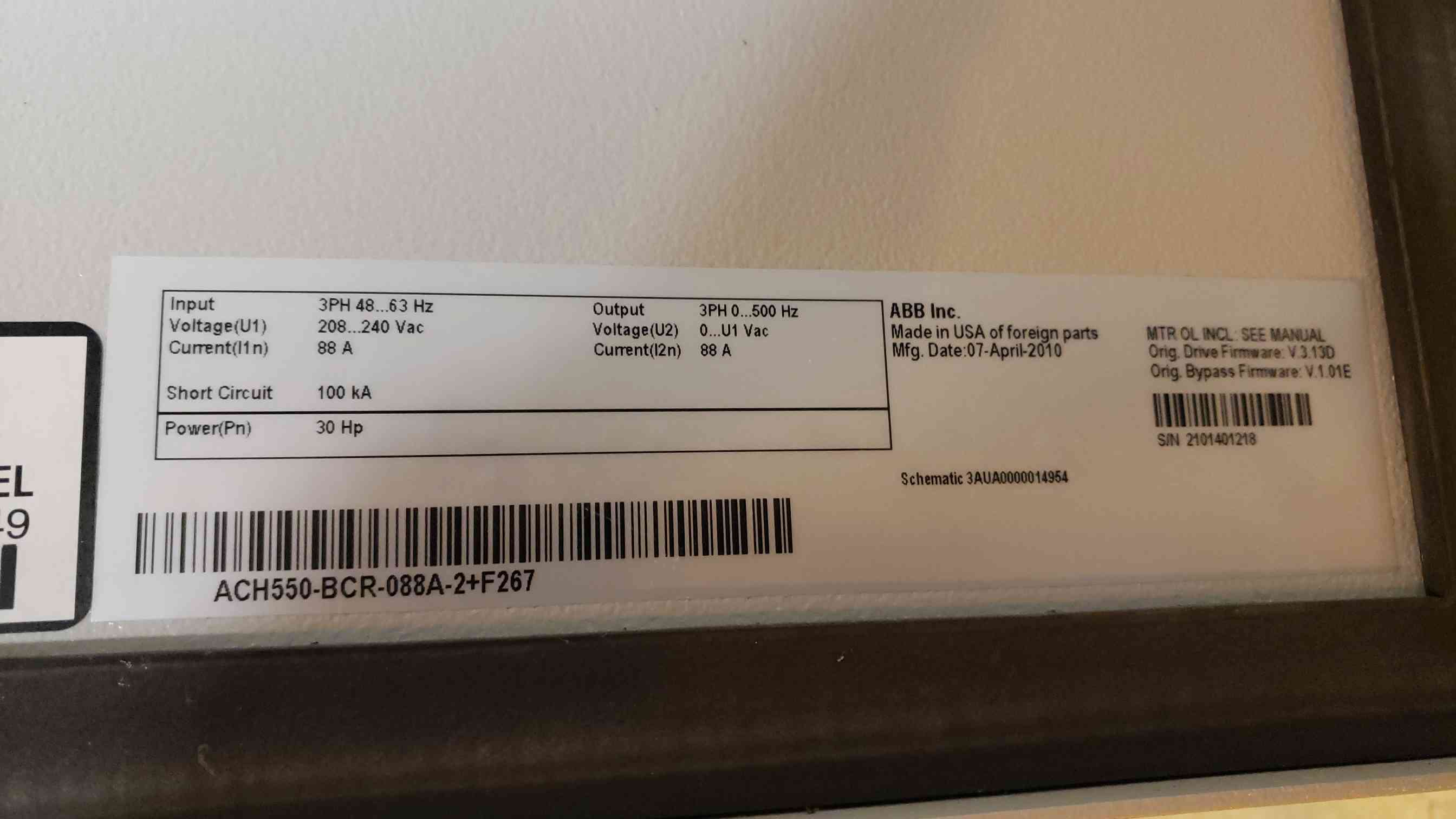 30 HP ABB, ACH550BCR088A2+F267, VFD, 80A, 2010 - Image 5