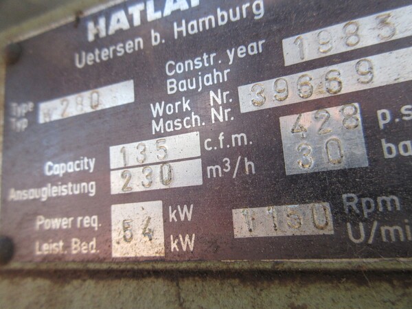 428 psi, Hatlapa #W280 Compressor, 54kW, 1985 - Image 6