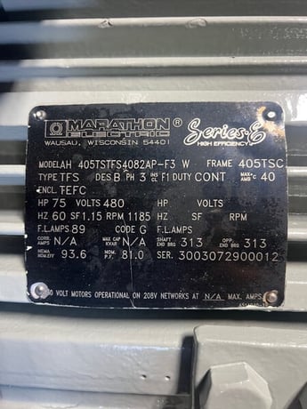 75 HP 1200 RPM Marathon, Frame 405TSC, TEFC, reconditioned, 480 Volts - Image 3
