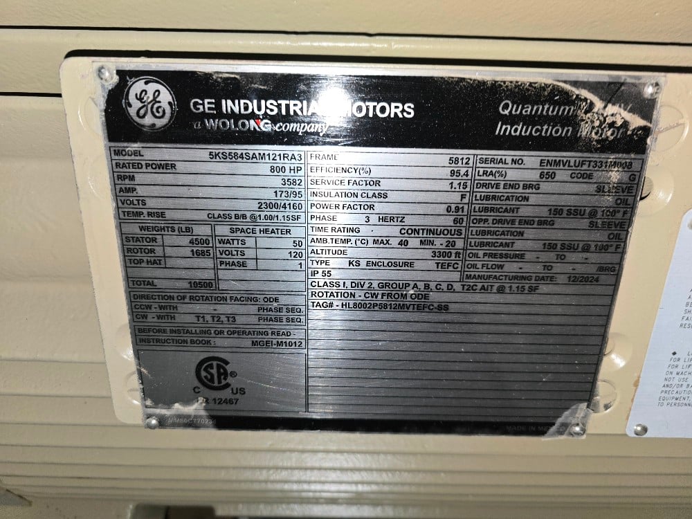 800 HP 3600 RPM General Electric, Frame 5811/12LS, TEFC, CU Rotor, sleeve, 1.15 service factor, VFD Duty - Image 5