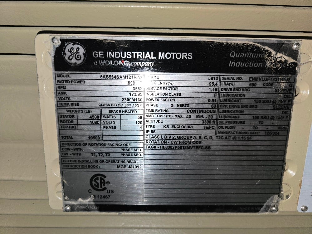 800 HP 3600 RPM General Electric, Frame 5811/12LS, TEFC, CU Rotor, sleeve, 1.15 service factor, VFD Duty - Image 9