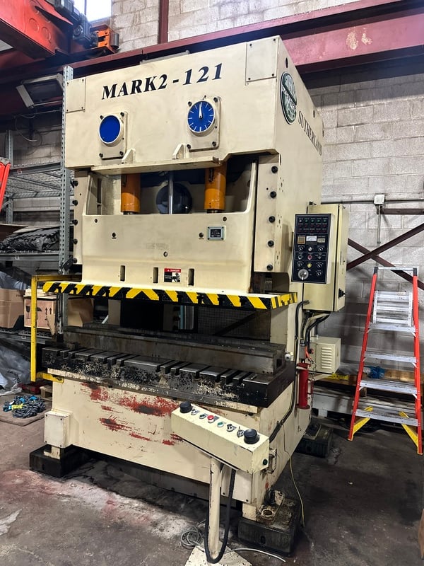 121 Ton, Sutherland #Mark-2-121, OBS gap frame press, 3" stroke, 14.96" die space, 45-90 SPM, 2000 - Image 2