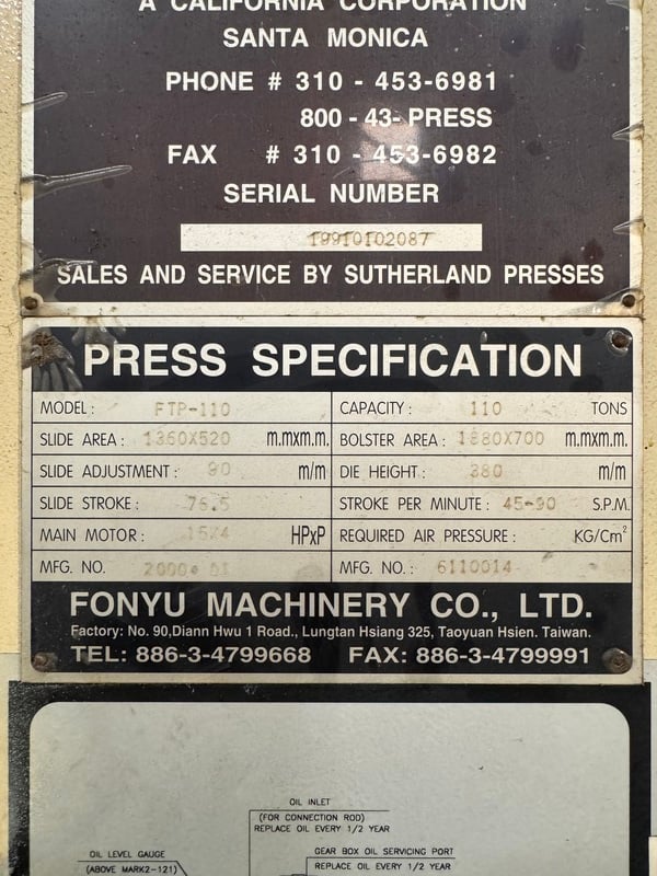 121 Ton, Sutherland #Mark-2-121, OBS gap frame press, 3" stroke, 14.96" die space, 45-90 SPM, 2000 - Image 10