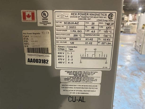 25 KVA 600/480 Primary, 120 Secondary, Rex Power Magnetics SC25JH-A/Z, general purpose transformer - Image 4