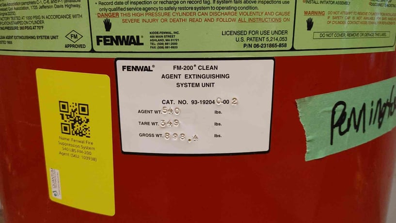 540 lbs. Fenwal, Fire Suppression System, FM-200 Agent, 130 F max temp., 360 psig @ 70 F - Image 2