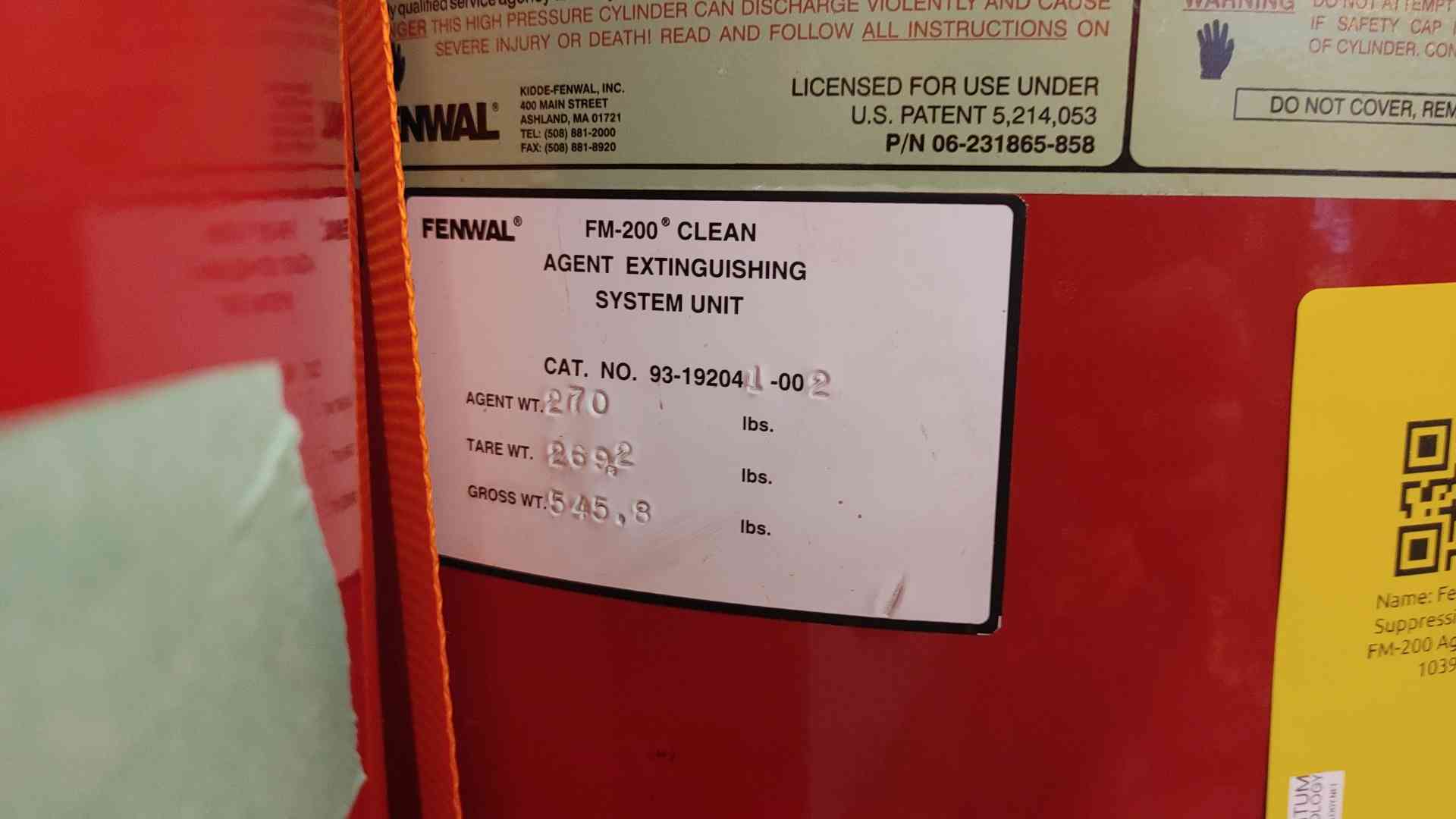 270 lbs. Fenwal, Fire Suppression, FM-200 Agent, 360 psig @ 70 F - Image 7