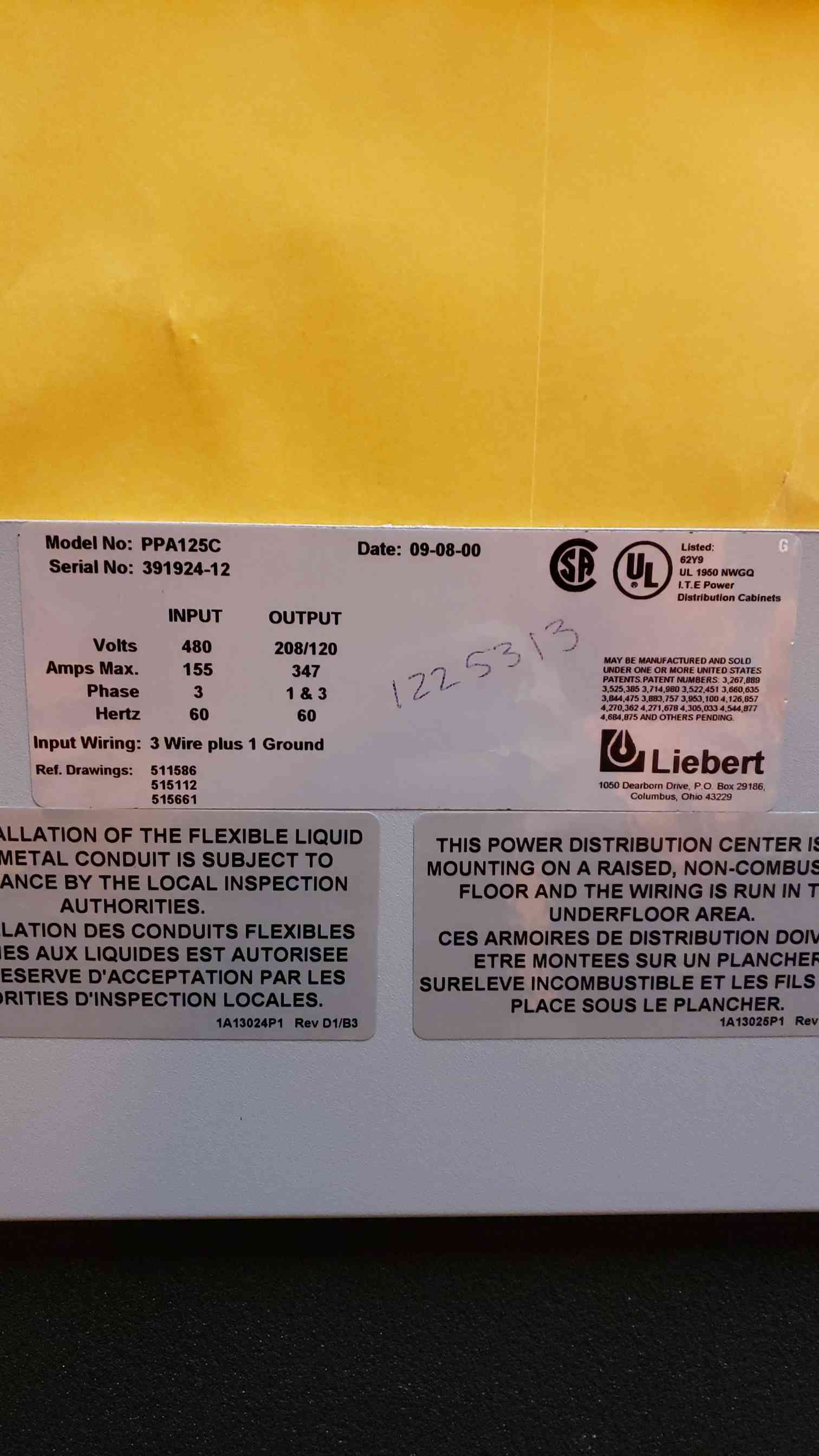Liebert #PPA125C, PDU, 3 Wire, 1 & 3 phase, 347 Amps, 480 x 208/120 V, 2000 - Image 3