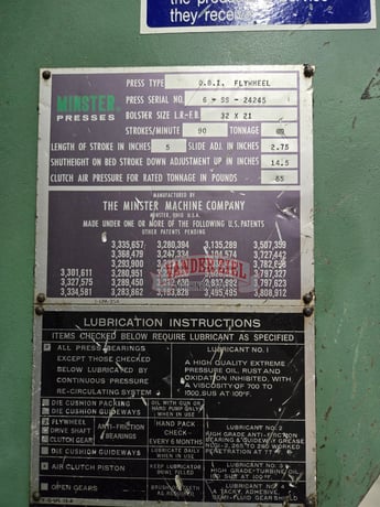 60 Ton, Minster, C-frame OBI press, 32" x21" bed - Image 3