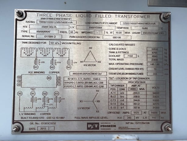 14 MVA 33000 Delta Primary, 6900Y/3984 Secondary, Pioneer transformer, surplus, 2015 - Image 6
