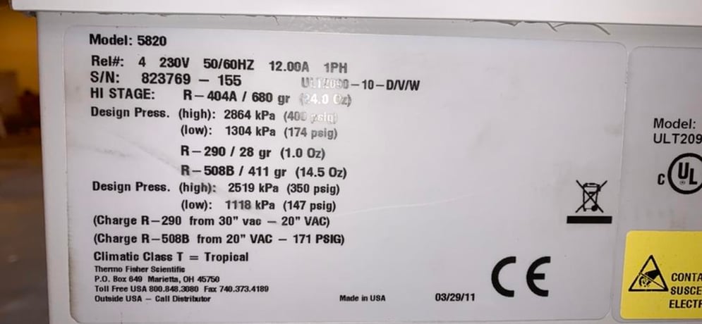 Thermo Scientific #5820, Chest Freezer, R-404A, -70 deg. C, 96" L x 31" width x 40" H, 400/147 psig, 12 Amps - Image 4