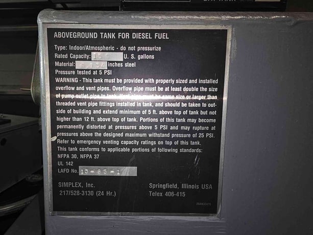 150 gallon Simplex, Diesel Day Tank, 52700 cu.ft./hr. - Image 3