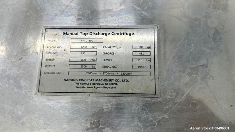 47.2" Nanjing Kingreat #PPTD-300, Basket Centrifuge, top discharge, 300 kg capacity, 47.2" diameter Basket - Image 5