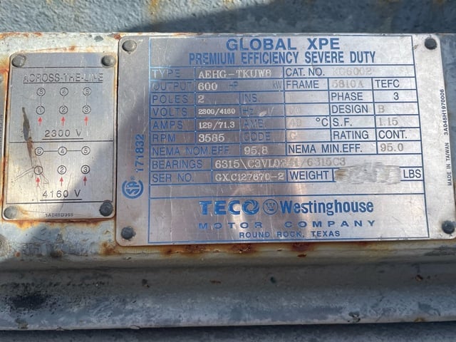 600 HP 3600 RPM Teco Westinghouse, Frame 5810A, TEFC BB, 2300/4160 Volts - Image 3