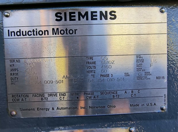 1750 HP 3600 RPM Siemens, Frame 5810, weather protected enclosure type 2, sleeve, 4160 Volts, nice running - Image 1