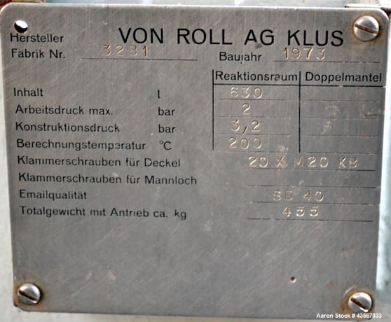 166.5 gallon Von Roll, Glass Lined Pressure Tank, Horizontal, 27" diameter x 62" straight side, 2 bar @ 200 - Image 5
