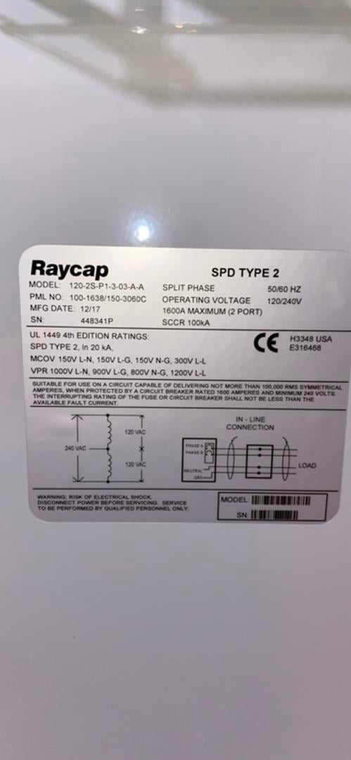 Raycap 120-2SP1-3-03-A-A Surge Protective Device, 1600 Amps, 120/240 V, 2017 - Image 3