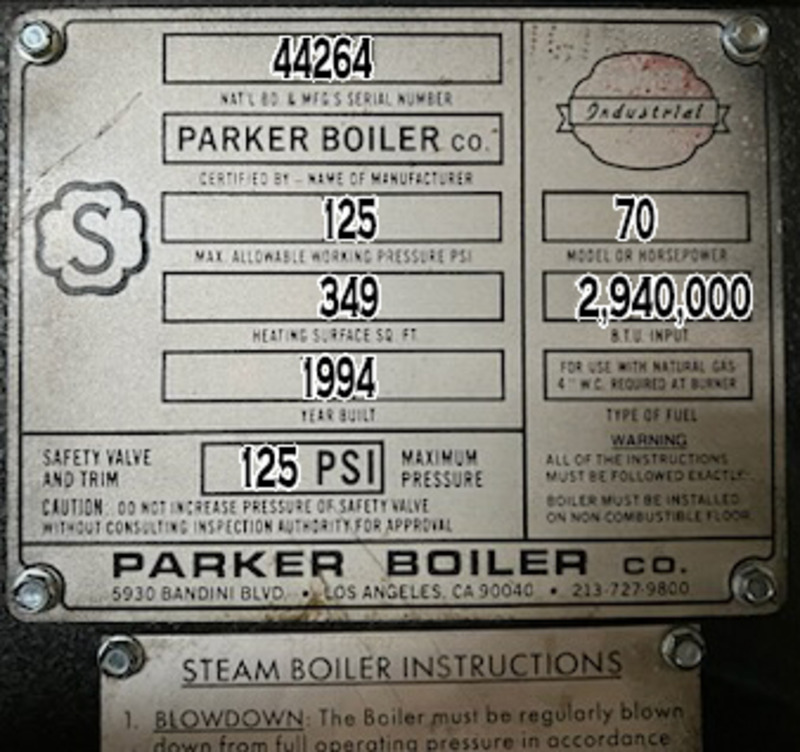 75 HP Parker Boiler, 125 psi steam boiler, 2,478 steam lbs/hr, 2,940,000 BTU/hr, 1994 - Image 3