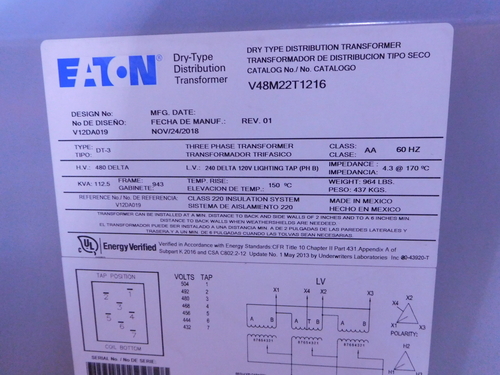 112.5 KVA 480 Delta Primary, 240 Delta/120 Secondary, Eaton DT-3 transformer, class AA, 1 yr warranty - Image 3