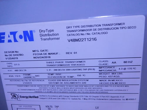 112.5 KVA 480 Delta Primary, 240 Delta/120 Secondary, Eaton DT-3 transformer, class AA, 1 yr warranty - Image 9
