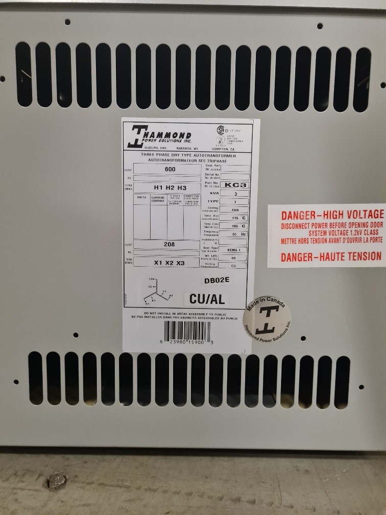 3 KVA 600Y Primary, 208Y Secondary, Hammond, auto transformer, no taps - Image 1